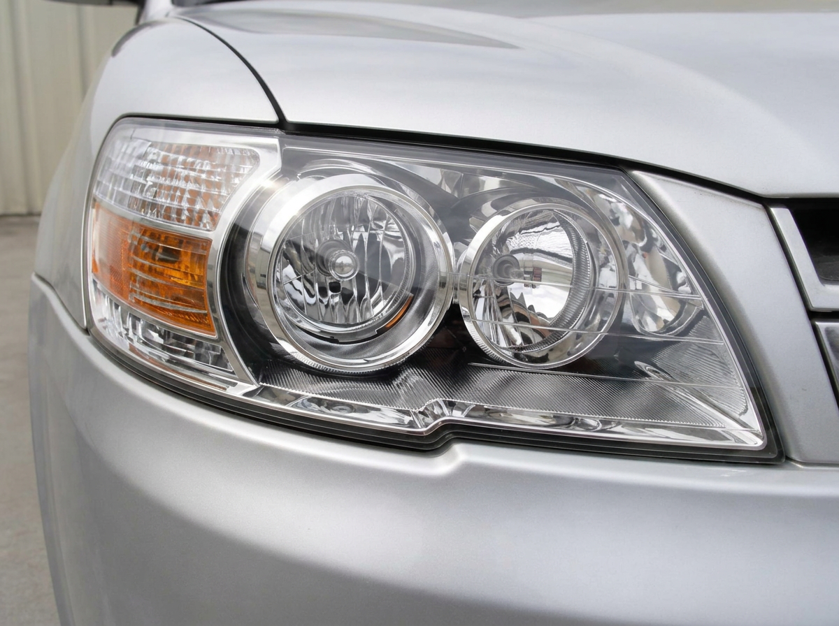 The same silver SUV headlight after restoration, clear and glossy