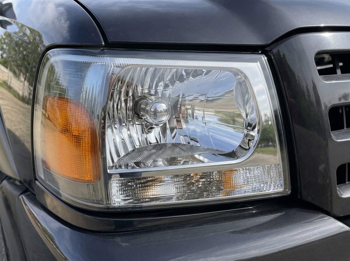 The same pickup truck headlight after restoration, fully clear