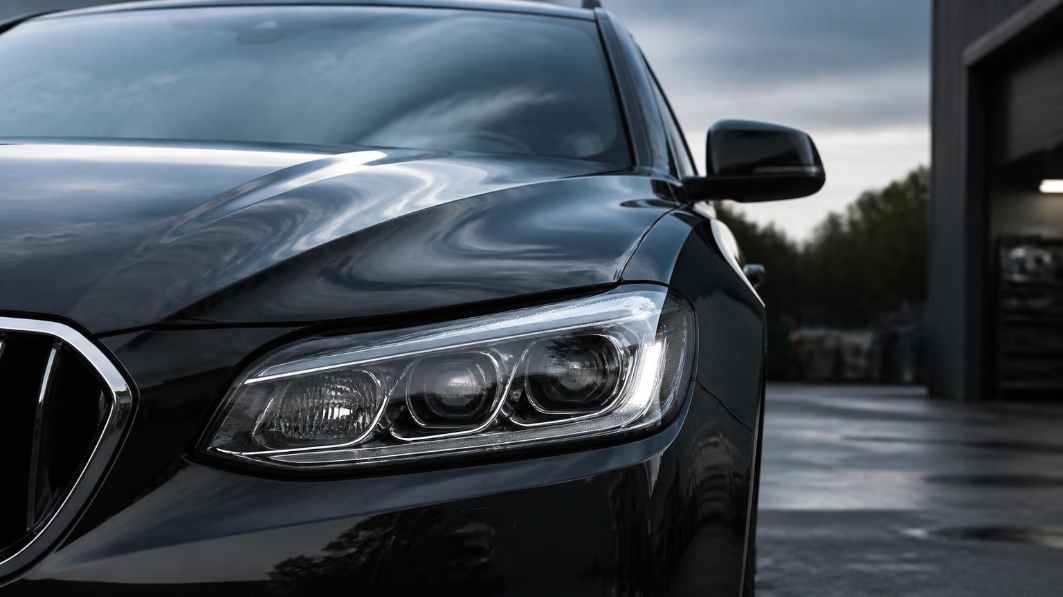 Crystal-clear restored headlight on a graphite luxury sedan